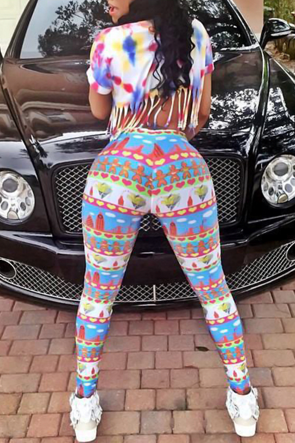  Multi Qmilch Pants Print O neck Short Sleeve Casual Two Pieces