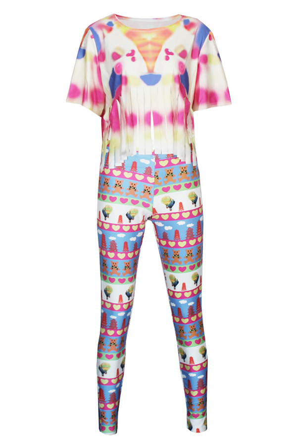  Multi Qmilch Pants Print O neck Short Sleeve Casual Two Pieces