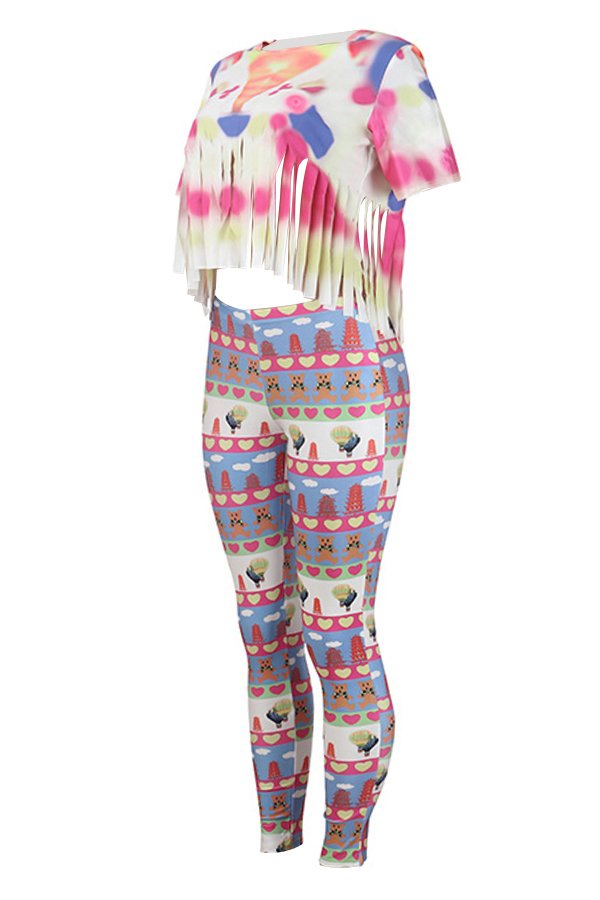  Multi Qmilch Pants Print O neck Short Sleeve Casual Two Pieces