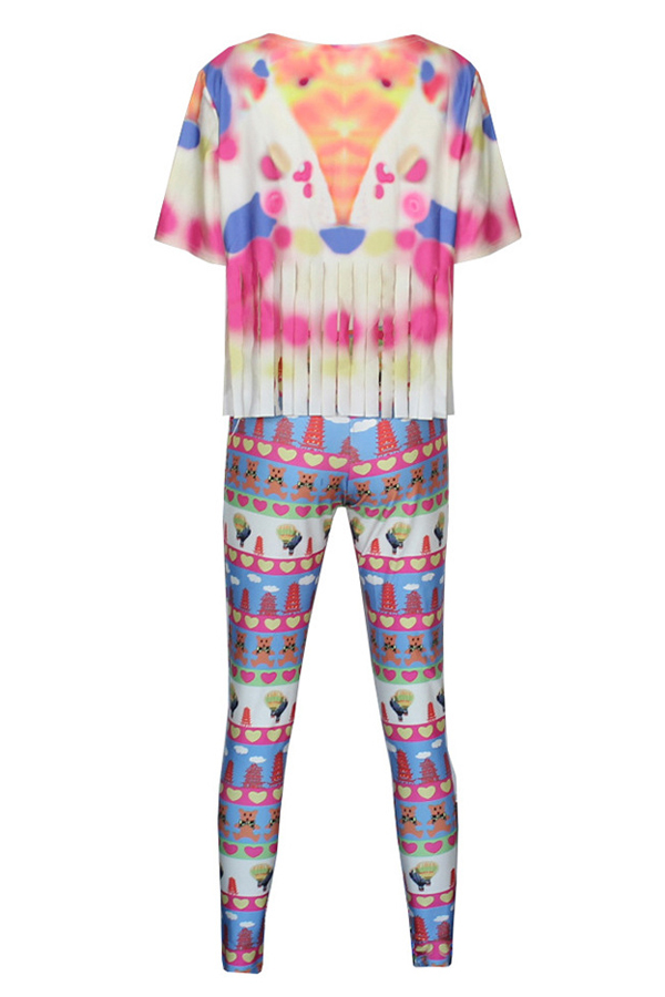  Multi Qmilch Pants Print O neck Short Sleeve Casual Two Pieces