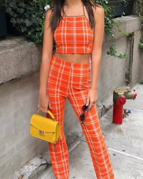  Orange-red Polyester Pants Plaid U neck Sleeveless Fashion Two Pieces