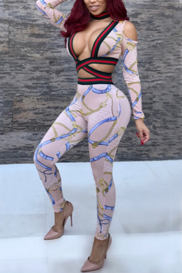  Pink Cotton Blends Pants Print V Neck Long Sleeve Sexy Two Pieces