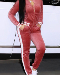 Pink Velvet Pants Plain Mandarin Collar Long Sleeve Casual Two Pieces Pink Velvet Pants Plain Mandarin Collar Long Sleeve Casual Two Pieces