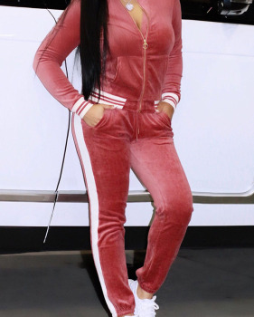  Pink Velvet Pants Plain Mandarin Collar Long Sleeve Casual Two Pieces