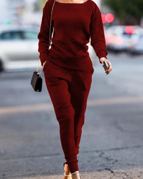 Red Cotton Pants Plain O neck Long Sleeve Casual Two Pieces Red Cotton Pants Plain O neck Long Sleeve Casual Two Pieces