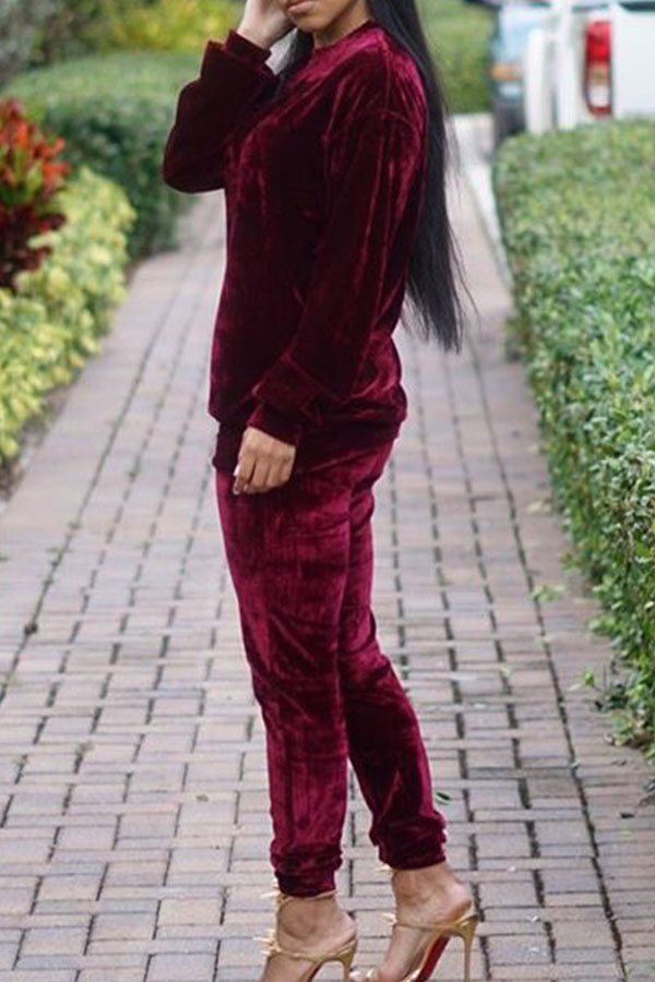  Red Velvet Pants Plain O neck Long Sleeve Casual Two Pieces