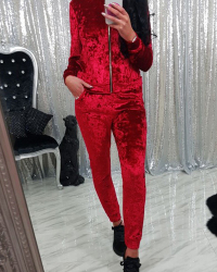 Red Velvet Pants Plain Turndown Collar Long Sleeve Casual Two Pieces Red Velvet Pants Plain Turndown Collar Long Sleeve Casual Two Pieces