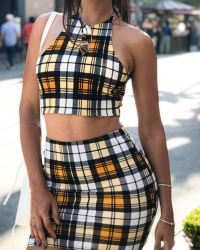  Sexy Backless Plaids Yellow Cotton Two-piece Skirt Set