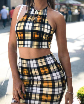  Sexy Backless Plaids Yellow Cotton Two-piece Skirt Set