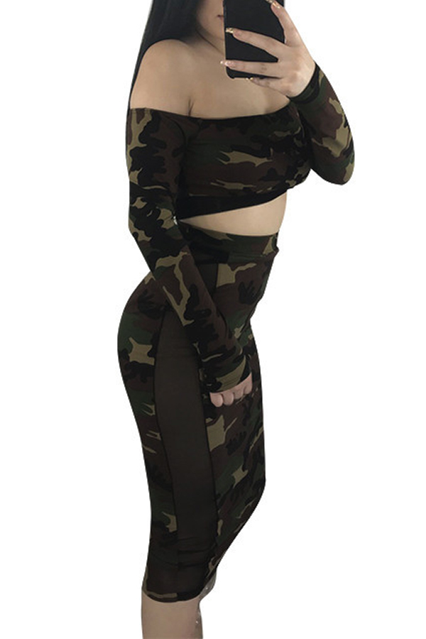  Sexy Bateau Neck Camouflage Printed Army Green Qmilch Two-piece Skirt Set