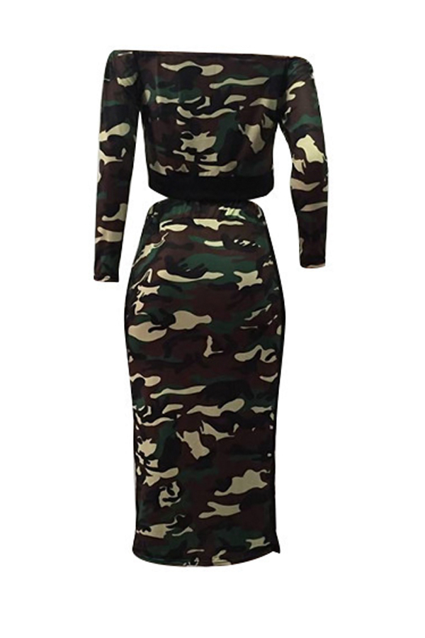 Sexy Bateau Neck Camouflage Printed Army Green Qmilch Two-piece Skirt Set
