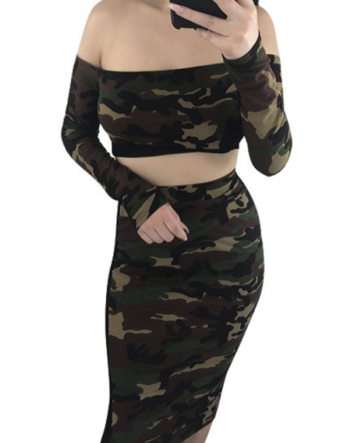 Sexy Bateau Neck Camouflage Printed Army Green Qmilch Two-piece Skirt Set Sexy Bateau Neck Camouflage Printed Army Green Qmilch Two-piece Skirt Set
