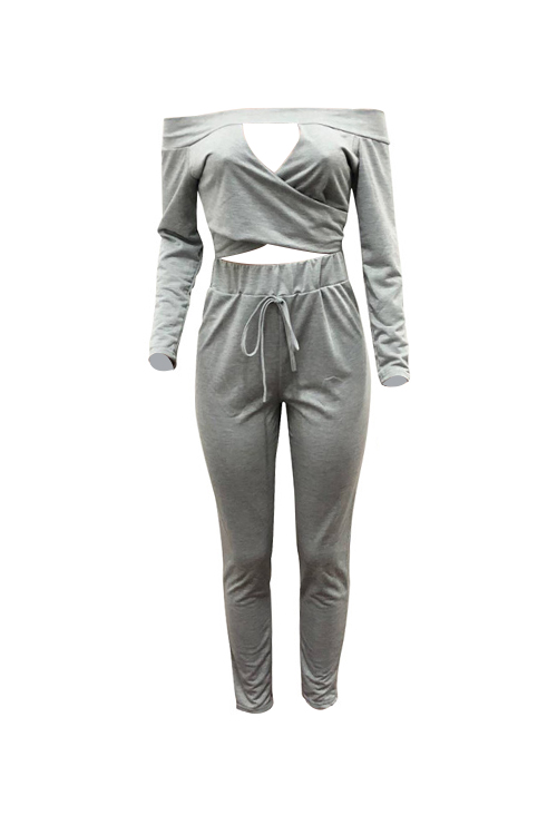  Sexy Bateau Neck Cross Chest Hollow-out Grey Polyester Two-Piece Pants Set