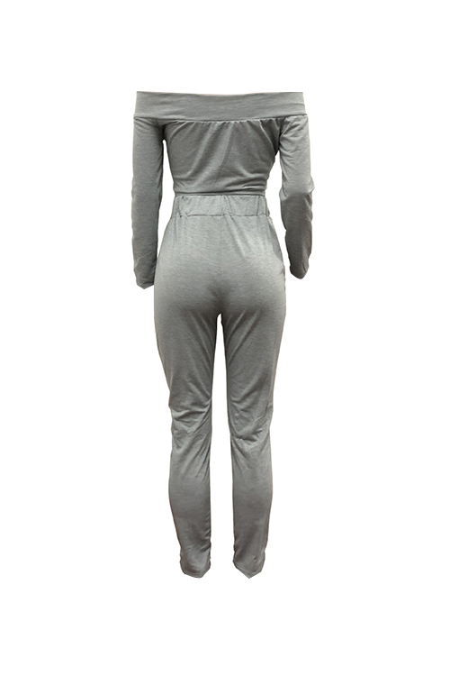  Sexy Bateau Neck Cross Chest Hollow-out Grey Polyester Two-Piece Pants Set