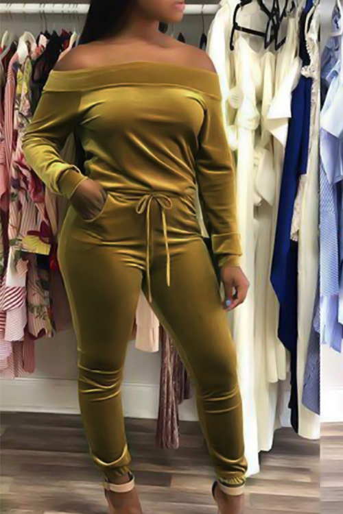  Sexy Bateau Neck Drawstring Yellow Velvet Two-Piece Pants Set