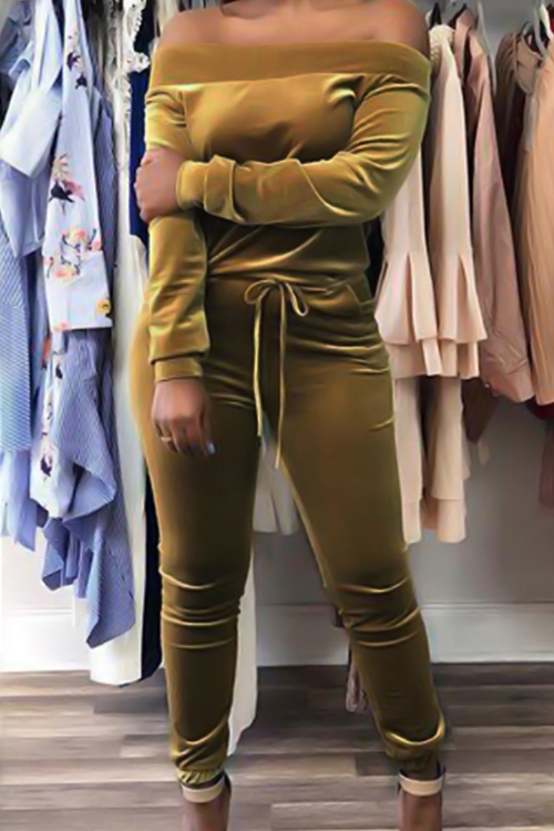  Sexy Bateau Neck Drawstring Yellow Velvet Two-Piece Pants Set