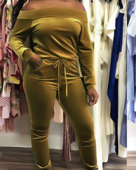  Sexy Bateau Neck Drawstring Yellow Velvet Two-Piece Pants Set