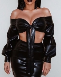  Sexy Bateau Neck Knot Design Black PU Two-piece Skirt Set