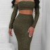 Sexy Bateau Neck Metallic Lace-up Army Green Polyester Two-piece Skirt Set Sexy Bateau Neck Metallic Lace-up Army Green Polyester Two-piece Skirt Set