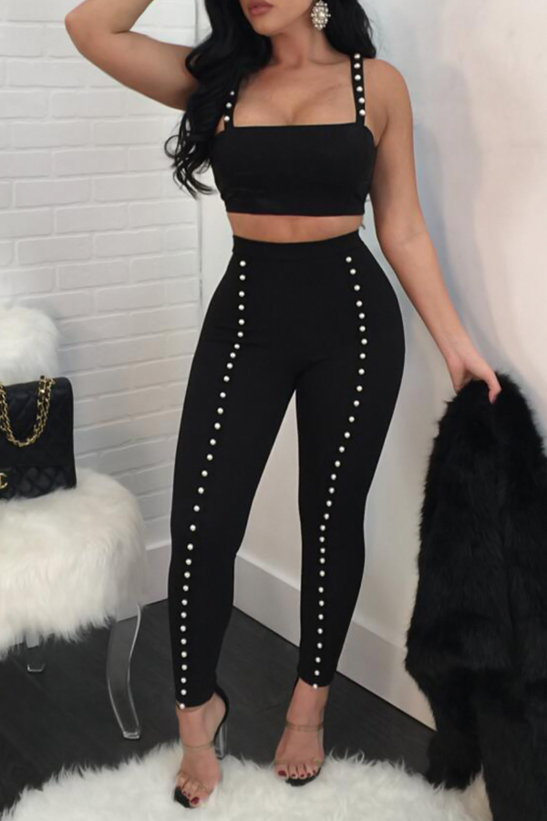  Sexy Bateau Neck Pearl Decoration Black Blending Two-piece Pants Set
