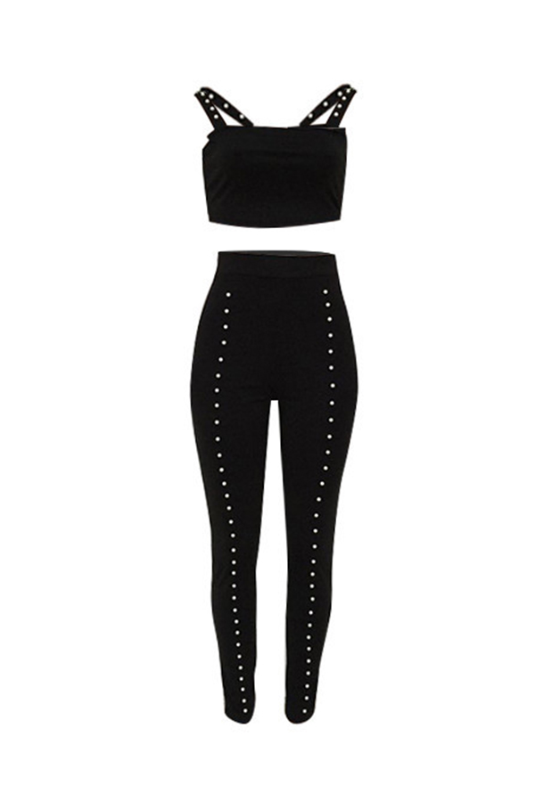  Sexy Bateau Neck Pearl Decoration Black Blending Two-piece Pants Set