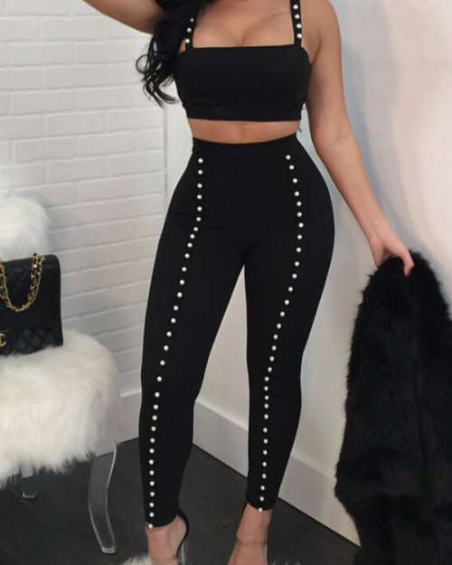 Sexy Bateau Neck Pearl Decoration Black Blending Two-piece Pants Set Sexy Bateau Neck Pearl Decoration Black Blending Two-piece Pants Set