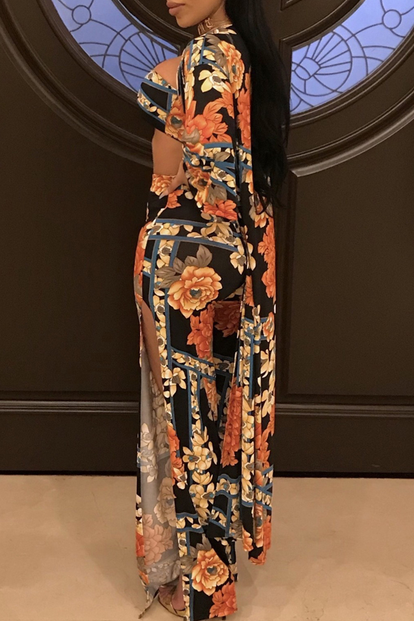  Sexy Bateau Neck Side Slit Printed Blending Three-piece Pants Set