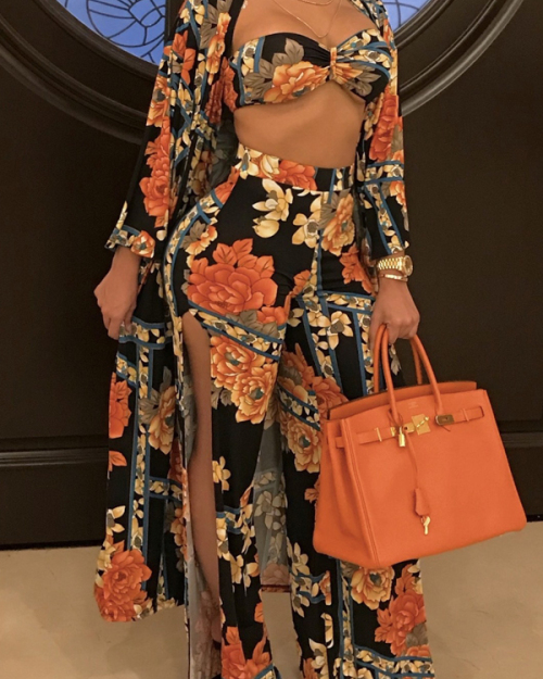 Sexy Bateau Neck Side Slit Printed Blending Three-piece Pants Set Sexy Bateau Neck Side Slit Printed Blending Three-piece Pants Set