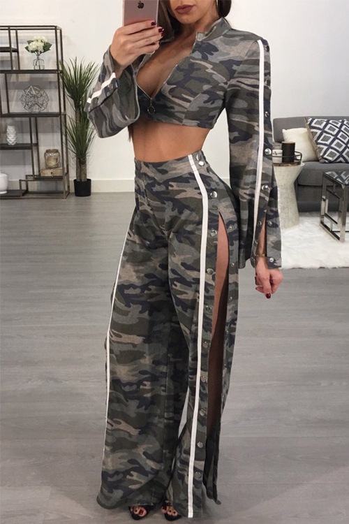  Sexy Camouflage Printed Side Split Polyester Two-piece Pants Set