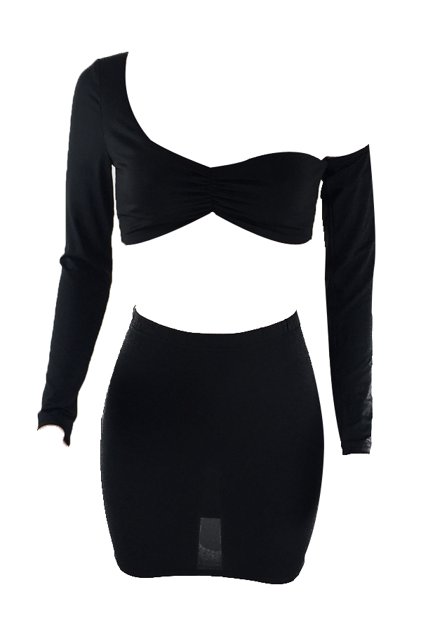  Sexy Dew Shoulder Black Cotton Two-piece Skirt Set