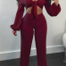  Sexy Dew Shoulder Knot Design Wine Red Cotton Two-Piece Pants Set