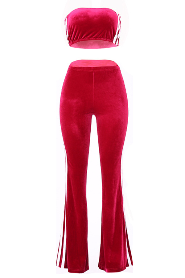  Sexy Dew Shoulder Striped Patchwork Red Velvet Two-piece Pants Set