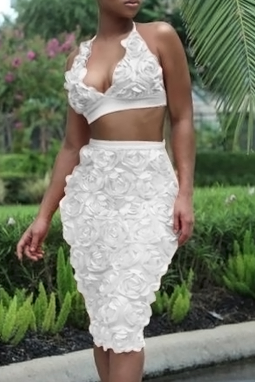  Sexy Halter Neck Rose Decoration White Bud Silk Two-piece Skirt Set