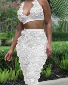 Sexy Halter Neck Rose Decoration White Bud Silk Two-piece Skirt Set Sexy Halter Neck Rose Decoration White Bud Silk Two-piece Skirt Set