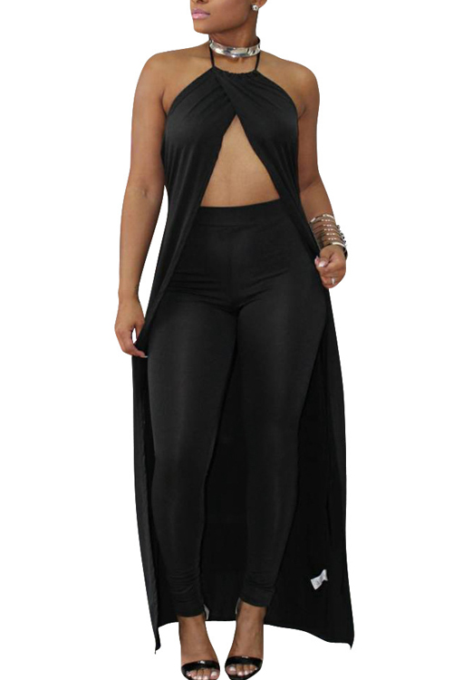 Sexy Hollow-out Black Cotton Two-piece Pants Set