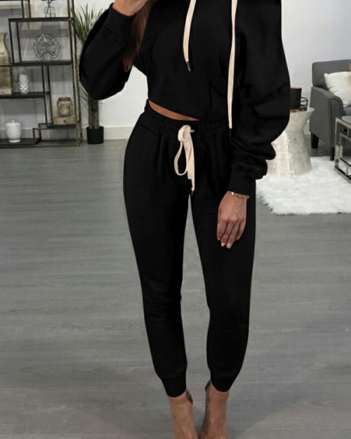 Sexy Hooded Collar Dew Shoulder Black Polyester Two-piece Pants Set Sexy Hooded Collar Dew Shoulder Black Polyester Two-piece Pants Set