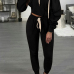 Sexy Hooded Collar Dew Shoulder Black Polyester Two-piece Pants Set Sexy Hooded Collar Dew Shoulder Black Polyester Two-piece Pants Set