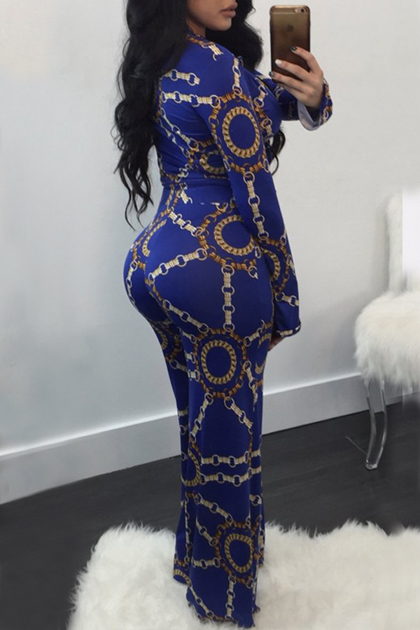  Sexy Printed Blue Cotton Blends Two-piece Pants Set