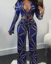  Sexy Printed Blue Cotton Blends Two-piece Pants Set