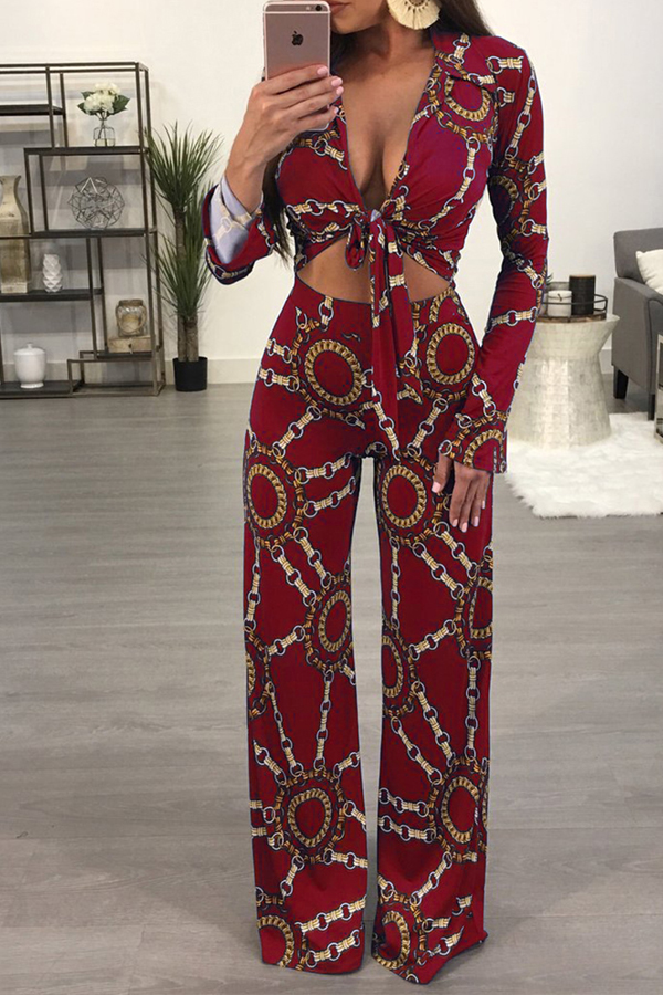  Sexy Printed Wine Red Cotton Blends Two-piece Pants Set