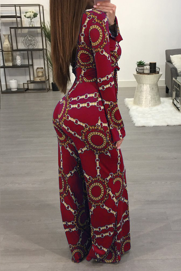  Sexy Printed Wine Red Cotton Blends Two-piece Pants Set