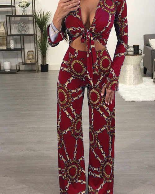 Sexy Printed Wine Red Cotton Blends Two-piece Pants Set Sexy Printed Wine Red Cotton Blends Two-piece Pants Set