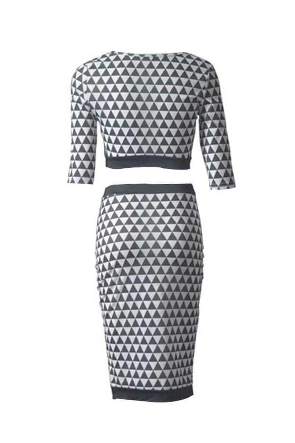  Sexy Round Neck Geometric Printed Blending Two-piece Skirt Set