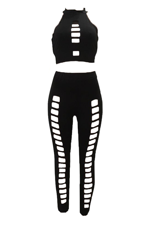  Sexy Round Neck Hollow-out Black Milk Fiber Two-piece Pants Set