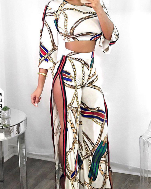 Sexy Round Neck Printed High Split White Milk Fiber Two-piece Pants Set Sexy Round Neck Printed High Split White Milk Fiber Two-piece Pants Set
