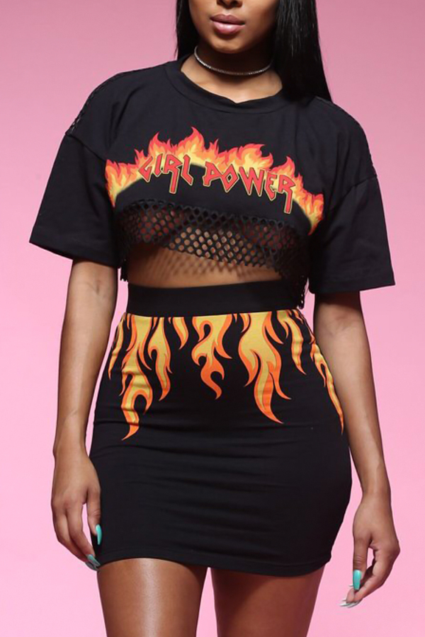  Sexy Round Neck Printed Hollow-out Black Polyester Two-piece Skirt Set
