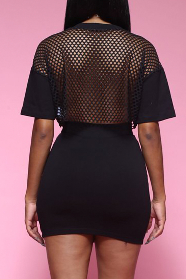  Sexy Round Neck Printed Hollow-out Black Polyester Two-piece Skirt Set