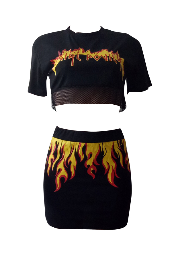  Sexy Round Neck Printed Hollow-out Black Polyester Two-piece Skirt Set