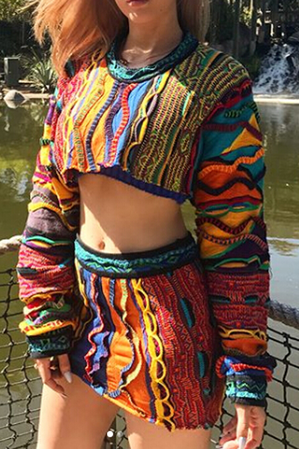  Sexy Round Neck Printed Milk Fiber Two-piece Skirt Set