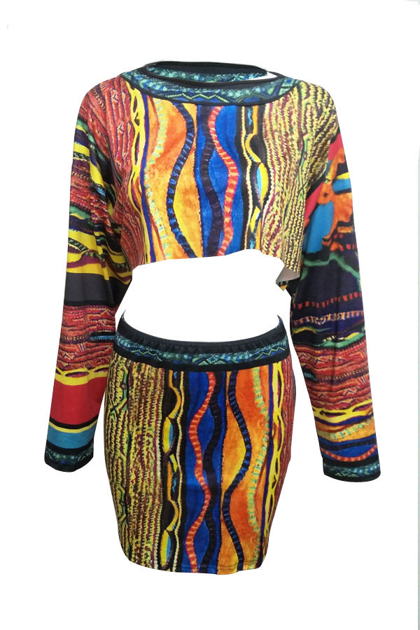  Sexy Round Neck Printed Milk Fiber Two-piece Skirt Set